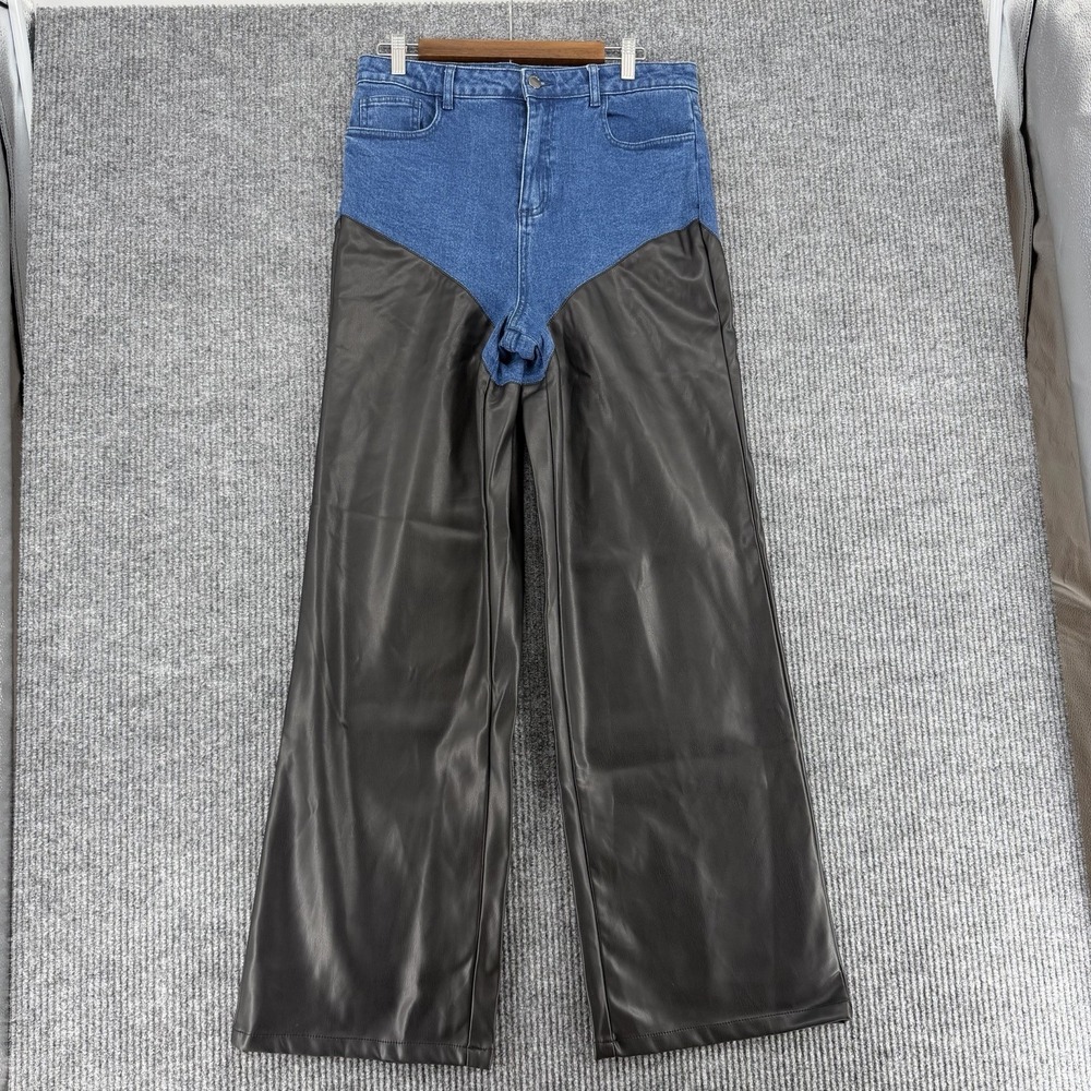 Bebe x Ciara Vegan‎ Leather Wide Leg Jeans High Waist Moto Women 32 - Picture 2 of 12